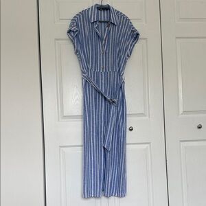 Zara Blue and White Striped Midi Shirt Dress